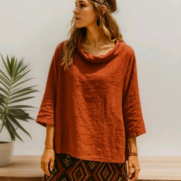Bryn Walker Etta Light Linen Top Cowl Neck 3/4 Sleeves Lagenlook Boho Size XXL - Picture 1 of 11